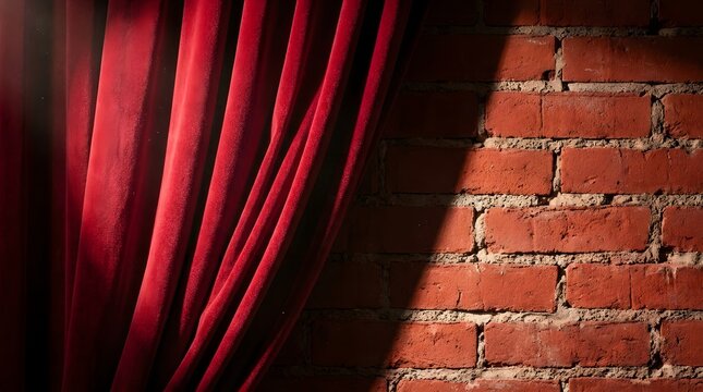 Red velvet theater curtain hanging beside a rustic brick wall illustrating dramatic stage performances and entertainment industry production set backgrounds