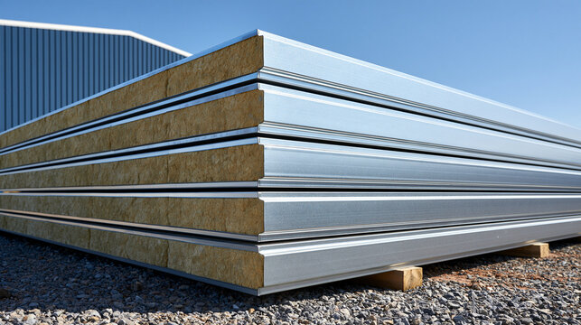 Elegant photo of Stack of insulated metal sandwich panels for construction stored outdoors. Ideal for industrial building supplies or energy efficient architecture projects.