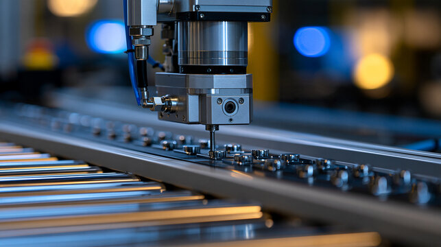 Elegant photo of Industrial robotic arm performing precision assembly on a manufacturing conveyor belt. Modern factory automation concept for high-tech smart production technology.