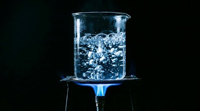 Glass beaker containing rapidly boiling water over a blue gas flame demonstrating fundamental thermodynamics and chemical laboratory heating processes