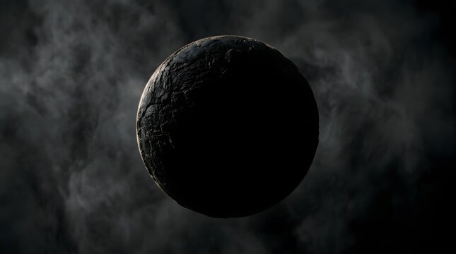 Dark cooling spherical celestial body of hardened magma in cosmic dust representing astrophysical research on dead planets and deep space isolation
