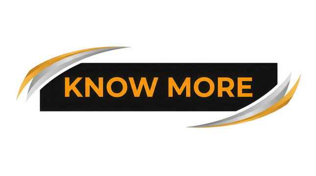 Know more button with gold and silver swoosh design isolated on transparent background