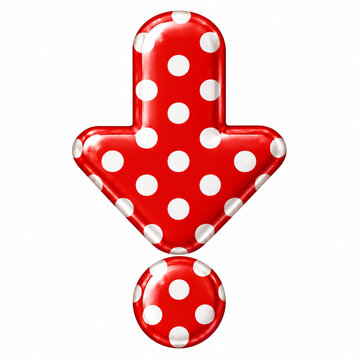 Red and white polka dot down arrow exclamation icon on white background