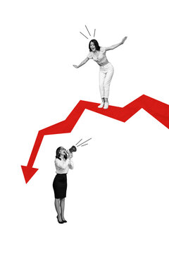 Vertical collage businesswoman announce information falling arrow economy crisis inflation devaluation loss failure balancing girl