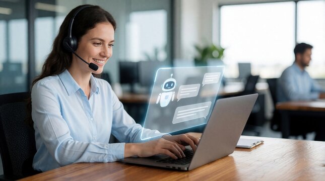 Woman with headset uses laptop for chatbot interaction. Virtual assistant bot communicates on screen. Customer service agent works in modern office environment.