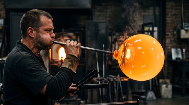 Professional glassblower blowing molten glass in workshop, skilled artisan shaping glowing orange glass orb, traditional glassblowing craft