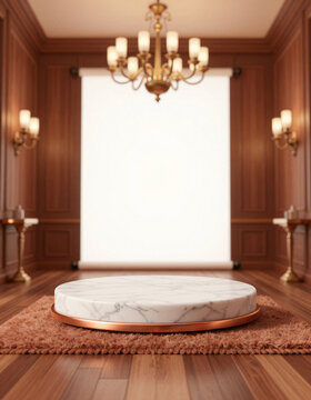 round marble podium copper trim sits atop plush carpet surrounded rich wood paneling candelabras