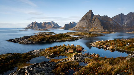 Fototapeta premium Elevated panorama of traditional red fishing cabins nestled in an autumn Norwegian fjord with dramatic mountain peaks