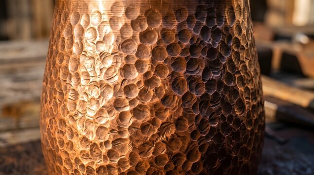 Handcrafted hammered copper texture, rustic metallic surface close-up, artisan metalwork with warm bronze tones and dimpled pattern