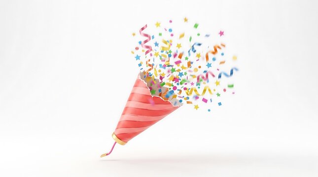 A festive red party popper exploding with colorful confetti isolated on white background