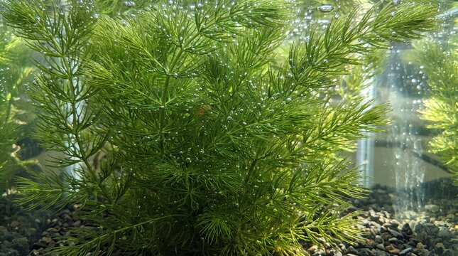 Hornwort plant growing underwater inside a home fish tank, lush green foliage, natural aquatic environment