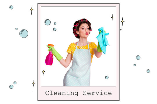 Composite photo collage of pouted lips housewife hold spray rub household chores duties hygiene clear post isolated on painted background