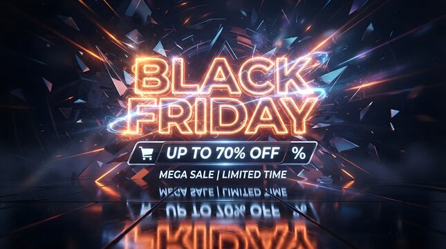 Black friday mega sale banner with neon glowing text, abstract futuristic shards, and reflective floor surface for a hightech shopping event