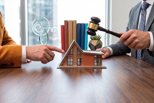 Hand holding a gavel above a house model on a wooden table, symbolizing a property auction, real estate dispute, foreclosure judgment, or legal transaction process