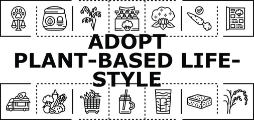 Obraz premium Adopt plant-based lifestyle banner infographic. Greens health, fruits diet, compassion vegetables icon vector illustration