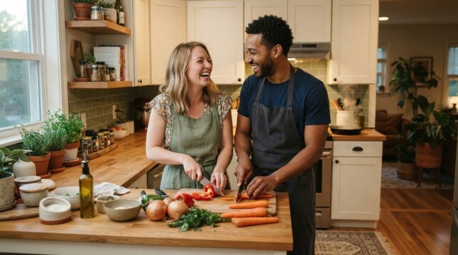 Joyful Couple Cooking Together: A happy couple shares a laugh and prepares a healthy meal together in a bright, modern kitchen, surrounded by fresh ingredients and culinary tools.