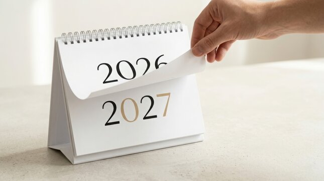 Hand flipping desktop calendar page from 2026 to 2027
