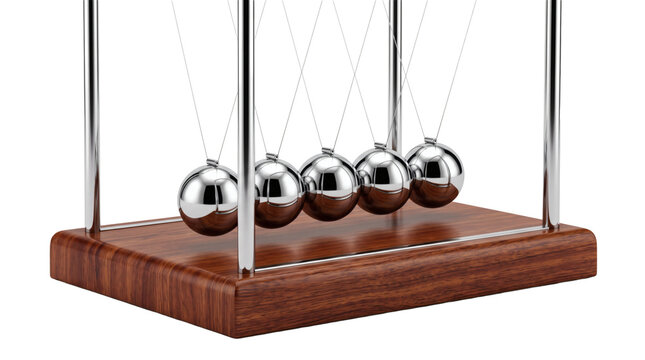 Executive Newtons cradle pendulum on wooden base on transparent background, steel kinetic balance balls swinging on polished mahogany wood desk stand. Classic apparatus demonstrates energy.