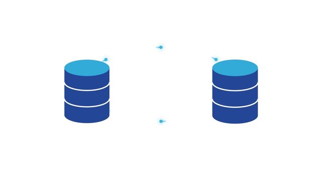 Transferring digital data packets back and forth between two blue database server icons illustrates information synchronization isolated on a clean white background.