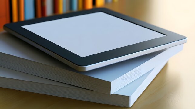 A sleek digital tablet rests atop a stack of physical books on a wooden surface  with a blurred bookshelf in the background