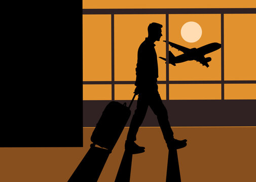 Business traveler with rolling suitcase walking toward airport gate with airplane silhouette in background