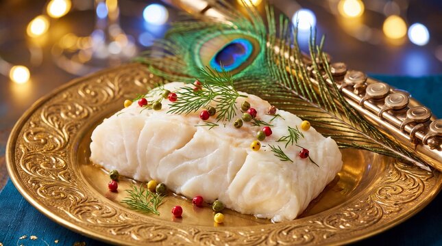 A piece of white fish, likely cod or halibut, is presented on an ornate golden plate. The fish fillet is thick and appears flaky, garnished with a sprig of fresh dill and several colorful, small spher