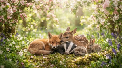 Fototapeta premium Forest Friends Embrace: A charming scene of woodland creatures - a fox, fawn, rabbit, hedgehog.