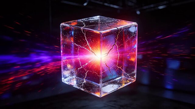 Transparent cracked cube with colorful radial light beams in a dark sci-fi space