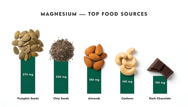 Infographic chart showing top food sources of magnesium with nuts and seeds