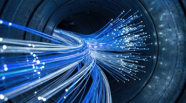 Abstract glowing blue fiber optic cables transmitting data in a dark tunnel