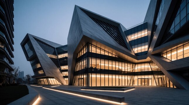 Modern angular building complex with illuminated geometric facade lights up urban landscape at twilight. Contemporary architecture defines city business district with glass and concrete structure.