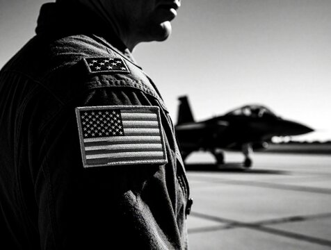 US Air Force pilot in flight suit with American flag patch on shoulder. Fighter jet sits on runway at airbase. Military aviator prepares for mission combat training. Black, white shot of soldier,