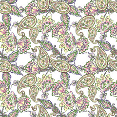 Watercolor paisley floral folk damask seamless pattern © HoyaBouquet