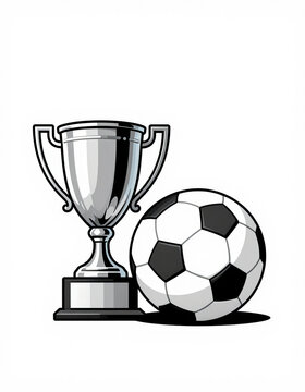 shiny silver trophy cup intricate designs small handle sitting adjacent slightly deflated soccer ball black