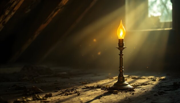 Single vintage lit candle on a brass holder standing in a dark dusty room illuminated by dramatic sunlight rays coming through a window.