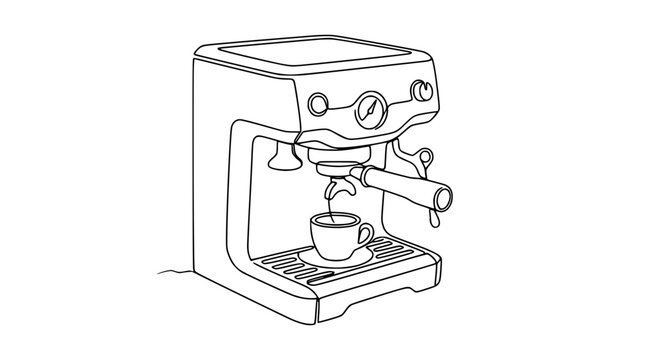 Espresso Machine Brewing Coffee into Cup, Single Line Drawing