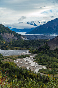 Matanuska Glacier and braided meltwater river valley in Alaska