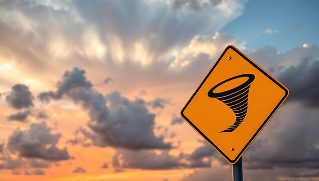A yellow diamond shaped tornado warning road sign against a dramatic cloudy sunset sky