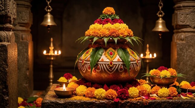 Decorated pot with marigold flowers and mango leaves, lit lamps, and bells. Indian religious ritual during a festival, showcasing devotion and cultural traditions.