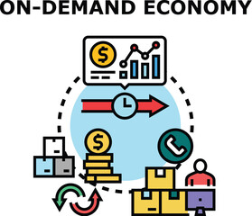 Obraz premium On demand economy system providing goods and services, featuring financial growth, customer communication, efficient delivery, and continuous order processing to meet consumer needs