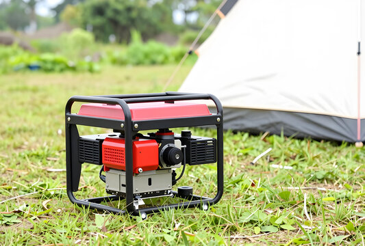 Emergency power supply and camping energy, portable gasoline generator for off-grid electricity and outdoor survival equipment at a tent campsite