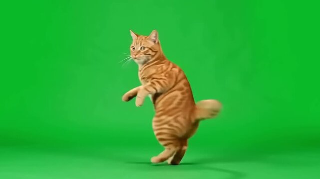 Dynamic orange tabby cat dancing playfully on a bright green screen, showcasing engaging Green Screen Animal Dancing for various productions