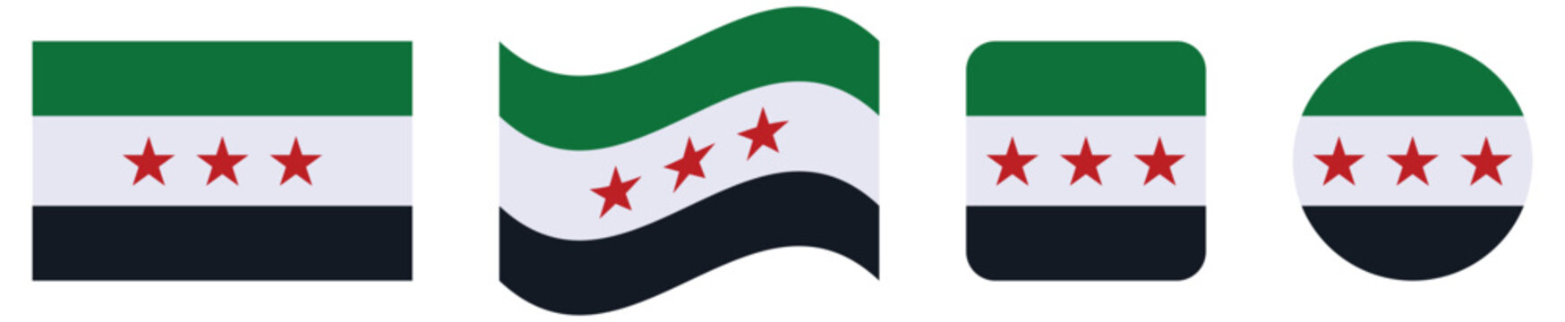 Syria national flag collection featuring rectangle, waving banner, rounded square and circle icon shapes with three red stars, flat vector illustration isolated on white background