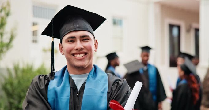 Face, man and graduate at campus with diploma, ceremony and achievement for degree completion. Portrait, male person and graduation outdoor with arms crossed, accolade victory and learning milestone