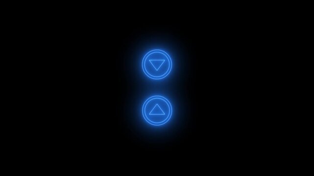 Glowing blue neon circle up and down arrow buttons isolated on a black background. Interactive digital gaming HUD element for next-generation video menus.