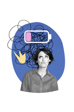 Composite trend artwork sketch image photo collage of young lady emoji face grimace think mind overcome line mess low battery charge tired