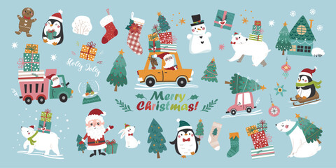 Fototapeta premium Vector set of cute cartoon Christmas characters and festive elements isolated on a light blue background.
