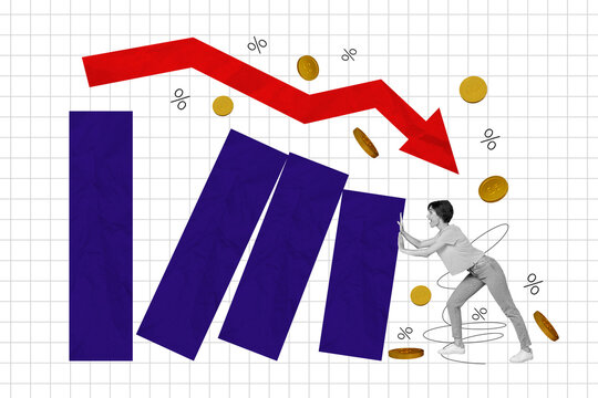 Composite trend artwork sketch photo collage of copybook page trader business arrow down crisis loss money coins lady walk push platform