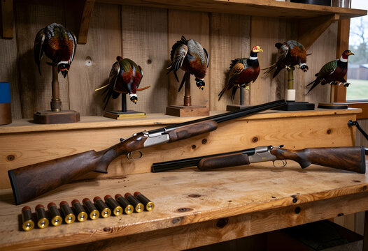 Hunting and outdoor sports, over under shotguns with shotgun shells on a wooden workbench with pheasant taxidermy mounts in a rustic hunting lodge
