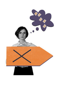 Sketch design trend artwork poster photo collage of young lady hold arrow cross wrong way reject venture road target sign choice direction